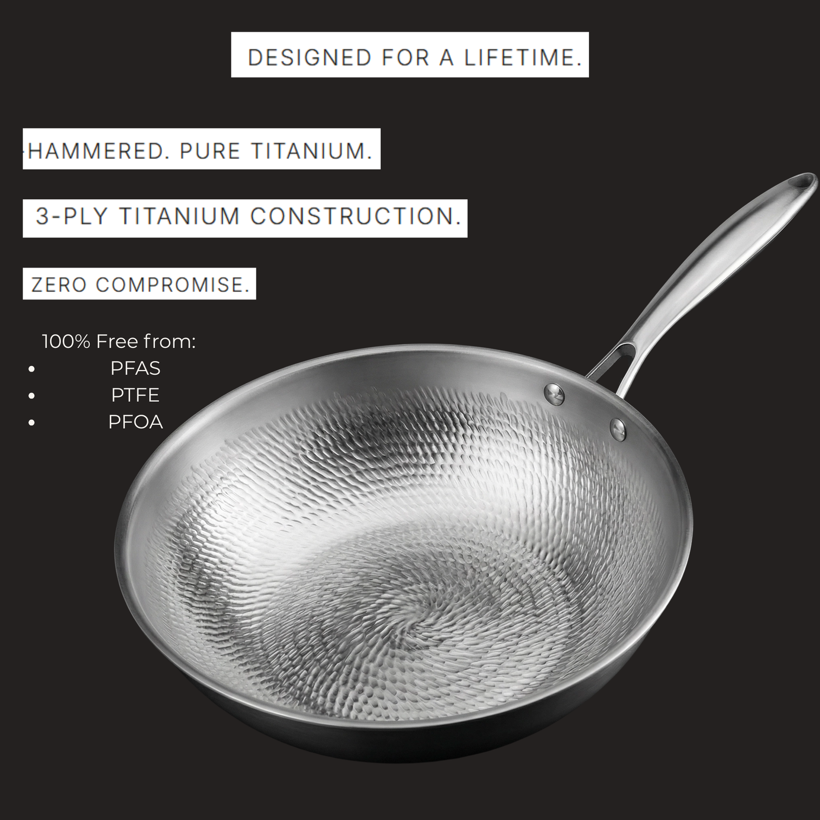 RESH 3-Ply Titanium Frying Pan – Hammered Surface, 100% Titanium, No PFAS/PTFE/PFOA Naturally Non-stick pan